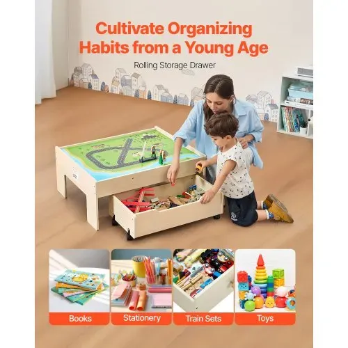 VEVOR Holz Aktivitätstisch, 100-teilig, Eisenbahntisch mit rollender Schublade, 3-in-1-Holzeisenbahn-Set zum Spielen, Malen, Lesen, Essen, kreatives Spielzeug-Set für Kinder ab 3 Jahren – Bild 4
