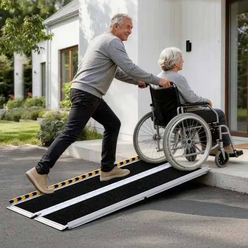 VEVOR Rollstuhlrampe Faltbar 1520x745mm, 362,9kg Belastbare Schwellenrampe mit Rutschfester Oberfläche, Tragbare Alu-Auffahrschiene, Auffahrrampe für Rollstuhl Scooter Türschwelle Bordsteine Treppen – Bild 7