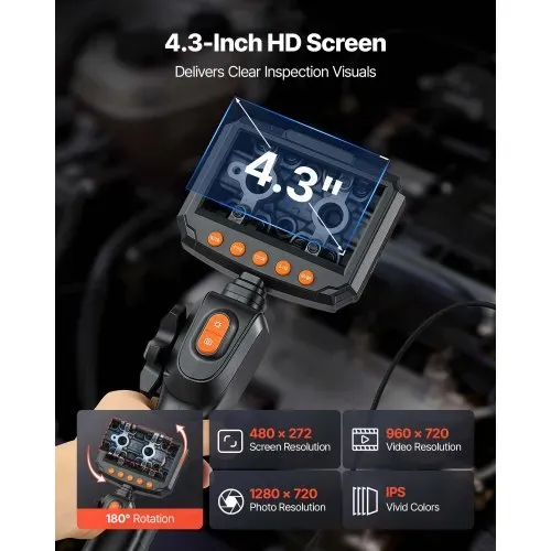 VEVOR Drehbare Endoskopkamera mit Licht, Inspektionskamera mit Zwei-Wege beweglichem Kopf, IP67 Wasserdichte Rohrkamera mit 4,3 Zoll Display 1,5m Kabel 2600mAh Akku, 3,9mm Boreskopkamera für Auto Haus – Bild 3