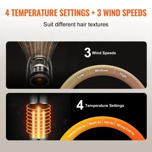 VEVOR 4-in-1-Multi-Haarstyler, 110.000 U/min Hochgeschwindigkeits-Ionen-Airstyler mit 3 Bürsten und 1 Düse, 4 Temperatur- und 3 Geschwindigkeitsstufen, Föhnbürste für Locken, Styling und Volumen – Bild 4