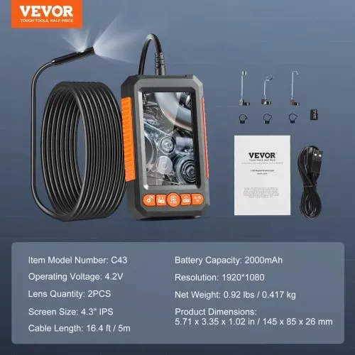 VEVOR Kanalkamera Endoskopkamera Inspektionskamera 1080P Rohrkamera 5m Kabel 4,3" Display – Bild 6