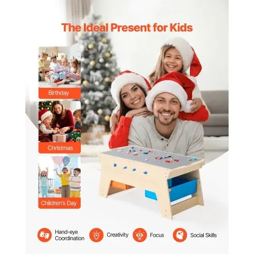 VEVOR Kindertisch 905 x 497 x 393 mm, Aktivitätstisch aus Holz, Mehrzweck-Spieltisch mit 200 Bausteinen und 3 Aufbewahrungsbehältern, Bausteintisch, Geschenk für Kinder ab 3 Jahren, Holzfarbe – Bild 5