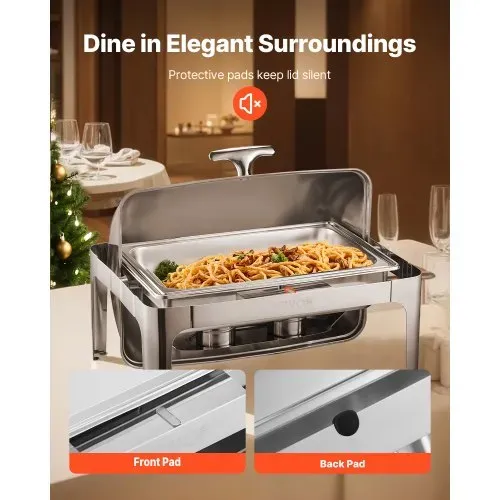 VEVOR Chafing Dish Set Speisenwärmer Edelstahl mit Pfannen in voller Größe (8,5 L), rechteckiger Wärmespender mit Roll Top Deckel & Wasserpfannenständer & Brennstoffhalter, für Buffet Silber – Bild 6