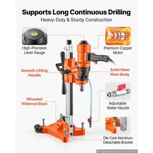 VEVOR Diamant Kernbohrmaschine 1500 W Kernbohrgerät Trocken/Nass max. 200 mm, für Beton Keramikfliesen Ziegel Asphalt Marmorböden, 4 Bohrer, 2-in-1 Hand-/Stativgerät, 1000/2300 U/min, UNC1 1/4–7 Gewinde – Bild 5