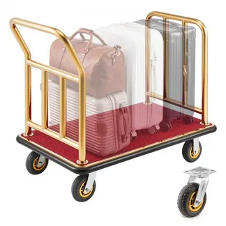 VEVOR Hotelgepäckwagen aus Edelstahl, 340,19 kg Belastbarer Kofferwagen mit 6 Zoll Gummirädern, Hotelwagen mit Rotem Teppichboden, Gewerblicher Plattformwagen für Hotels Ferienwohnungen Resorts, Gold VEVOR Hotelgepäckwagen aus Edelstahl, 340,19 kg Belastbarer Kofferwagen mit 6 Zoll Gummirädern, Hotelwagen mit Rotem Teppichboden, Gewerblicher Plattformwagen für Hotels Ferienwohnungen Resorts, Gold