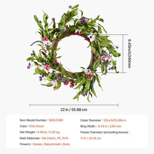 VEVOR Künstlicher Dekokranz, 55,88 cm, Rosa/Grün, verziert mit Gänseblümchen, Schleierkraut, Knospen, Türkranz für alle Jahreszeiten, als Dekoration für Zuhause, Wände, Fenster, Festivals & Hochzeiten – Bild 6