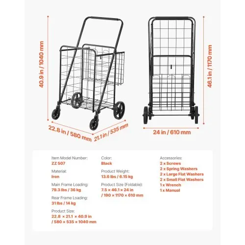 VEVOR Einkaufstrolley Einkaufswagen Klappbar 50 kg Belastbar, Einkaufsroller Handwagen Multifunktional , Shoppingtrolley Faltbar für Wäsche, Lebensmittel, Camping-Werkzeuge usw. – Bild 6