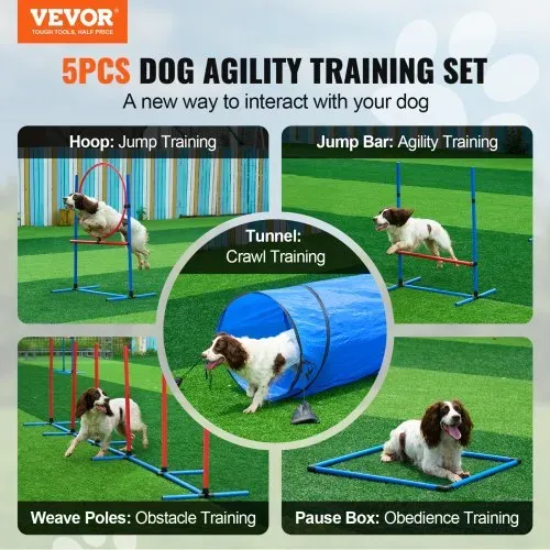 VEVOR Hunde-Agility-Trainingsausrüstung, 5-teiliges Set mit verstellbaren hohen Hürden, 6 Slalomstangen, Tunnel, Sprungring, Pausenbox, Pfeife, faltbarer Schüssel, Hindernisparcours-Set für Welpen mit Aufbewahrungstaschen VEVOR Hunde-Agility-Trainingsausrüstung, 5-teiliges Set mit verstellbaren hohen Hürden, 6 Slalomstangen, Tunnel, Sprungring, Pausenbox, Pfeife, faltbarer Schüssel, Hindernisparcours-Set für Welpen mit Aufbewahrungstaschen