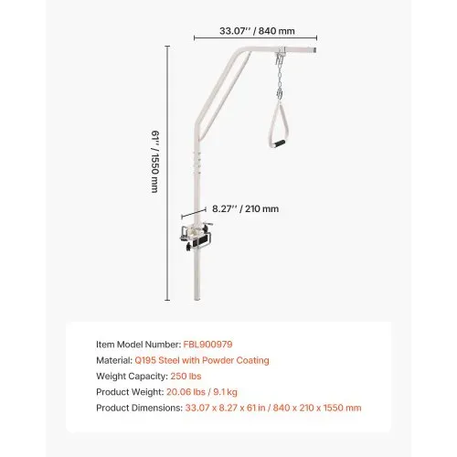 VEVOR Bettgalgen 840x210x1550 mm, Bettaufrichter mit Klemmen & Metallkette, bis 113 kg, Aufstehhilfe für ältere & bettlägerige Menschen, ideal für häusliche Pflege, Krankenhäuser, Pflegeheime – Bild 6