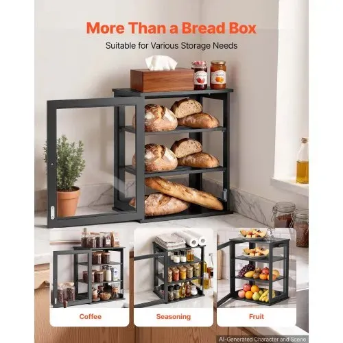 VEVOR Brotkasten mit 3 Ebenen 330 x 251 x 410 mm Brotbox Bambusholz Schwarz Ideal für Bagels & Muffins, mit Magnetverschluss, Seitenhaken, Rutschfestem Boden & 3-Stufig Höhenverstellbarem Einlegeboden – Bild 4