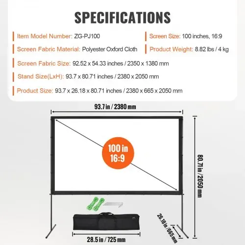 VEVOR Projektion Beamer Leinwand mit Ständer 254 cm HD 4K Outdoor Indoor Projektor Screen Schnelles Klappbare Tragbare Filmleinwand 16: 9 für Heimkino, Camping und Freizeitveranstaltungen Schwarz – Bild 6