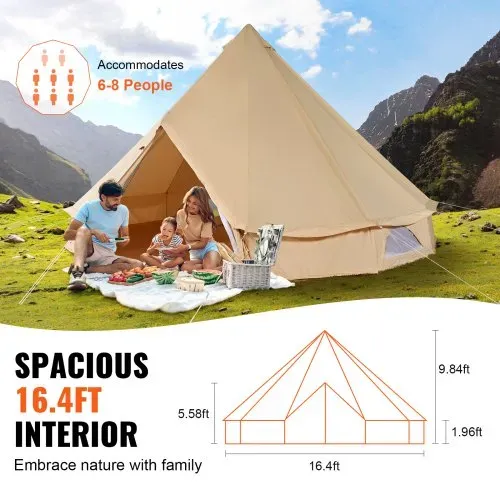 VEVOR Glockenzelt 5 x 3 m Jurten Zelt TC-Baumwolle mit hochfesten Eisenstangen und einer PVC-Bodenplane Campingzelt Familienzelt 8 Fenster Pyramidenzelt Gruppenzelt für Outdoor-Abenteuer – Bild 3