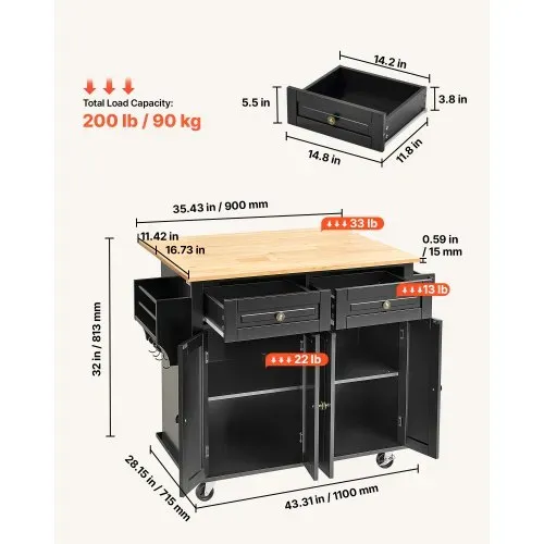 VEVOR Kücheninselwagen, 110 cm mobiler Wagen mit Holzplatte und Lagerschrank, Rolltisch mit Klappplatte, Gewürzregal, Handtuchhalter, verstellbarem Regal, Schublade und Haken, tragbare Inseln Rollbar – Bild 2