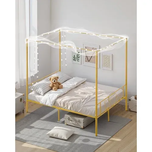 VEVOR Himmelbettrahmen (Full Size), Metallhimmelbett mit minimalistischem Kopfteil & Himmelbett-Design, robuste Stahllattenstütze (rund), Stauraum unter dem Bett, kein Boxspring erforderlich, Gold – Bild 6