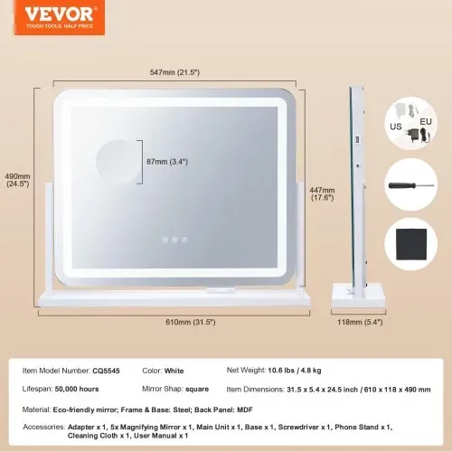 VEVOR Hollywood Schminkspiegel mit Beleuchtung, Kosmetikspiegel mit 3 Farbbeleuchtungsmodi, Schminkspiegel mit LEDs & 5-facher Vergrößerung, USB, Smart-Touch-Steuerung, 360°-Drehbar, 547x447mm – Bild 6