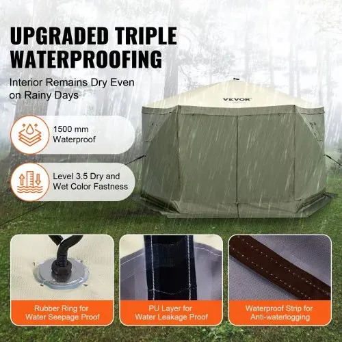 VEVOR Pop-Up-Pavillonzelt, Pop-Up-Zelt mit 6-seitigem Baldachin, Sonnenschutz mit 6 abnehmbaren Sichtschutz-Windtüchern und Netzfenstern, 12 x 12 Fuß, Schnellaufbau-Zelt mit Moskitonetz, Armeegrün – Bild 2