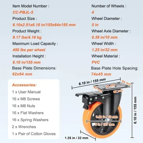 VEVOR Möbelrollen 4er-Set Lenkrollen PVC φ127mm Laufrollen 816kg Tragfähigkeit Transportrollen mit A/B-Bremsen Kastenrollen 360° Drehbar Schwerlastrollen für Häusern Büros Studios Fabriken – Bild 6