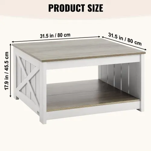 VEVOR Couchtisch Kaffeetisch im Farmhouse-Stil, quadratischer Couchtisch mit offenem Ablagefach, 81,7 kg belastbar rustikaler Cocktailtisch aus Holz für Wohnzimmer Schlafzimmer Studio (Grau + Weiß) – Bild 5
