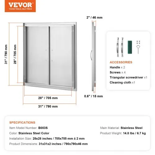 VEVOR Grill-Zugangstür, 790 x 790 x 46 mm, Doppelte Außenküchentür, Flächenbündig montierte Edelstahltür, Vertikale Wandtür mit Griffen, für Grillinsel, Grillstation, Außenschrank usw. – Bild 6