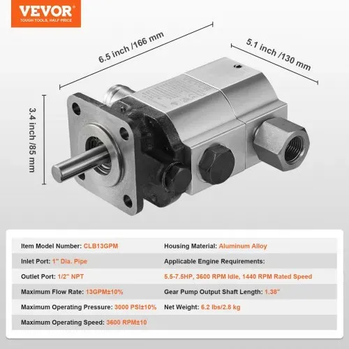 VEVOR Hydraulische Holzspalterpumpe, 13 GPM, 2-stufige 3000 PSI Holzspalterpumpe, 1" Einlass 1/2" NPT Auslass 3600 U/min Aluminium-Hydraulikzahnradpumpe, für Holzspalter mit kleinem Motor, Schneepflug – Bild 6