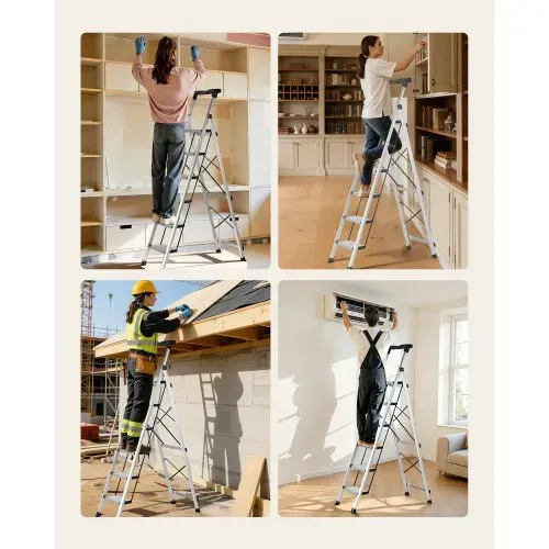 VEVOR Trittleiter 6 Stufen, Klappleiter mit Anti-Rutsch-Stufen & Komfortablem Handgriff, Haushaltsleiter Tragkraft 150 kg, Aluminium-Sicherheitsleiter für Küche, Lager, Haushalt & Büro, Silber – Bild 6