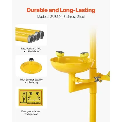 VEVOR Augenspülstation, 870x400x2330 mm, Augenspül- & Duschkombination aus Edelstahl 304, OSHA-zugelassene Erste-Hilfe-Augenreinigungsgerät, für Schulen, Labore, Fabriken, Gelb – Bild 2