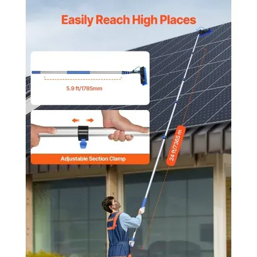 VEVOR Teleskop Waschbürste mit Teleskopstiel, 7,3 m lange Teleskopstange mit ausziehbarem Griff, 180° drehbarem Bürstenkopf & 20 m Schlauch, für Haushalt & Außenbereich, Solarmoduldecks im Wohnwagen – Bild 3