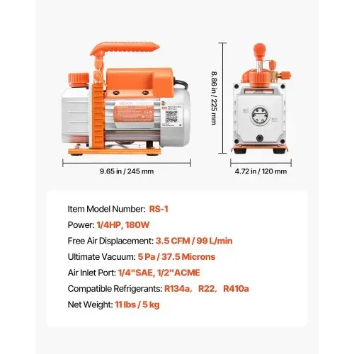 VEVOR Vakuumpumpe, 3,5 CFM 99 L/min, 1-stufig, 180 W geeignet für R134a-, R22- und R410a-Systeme, 4-poliger Motor, für die Wartung von Kfz-Klimaanlagen & die Entgasung von Harzen, inkl. Öl. – Bild 6