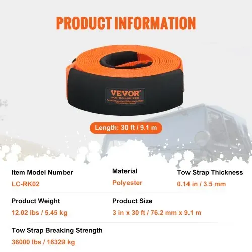 VEVOR Abschleppgurt-Bergeset 85 mm x 9 m (MBS-16329 kg) Baumschoner-Windengurt, dreifach verstärkte Schlaufe & Schutzhüllen & Aufbewahrungstasche, 3/4 Zoll D-Ring-Schäkel, für LKW, Jeep, SUV, ATV – Bild 6