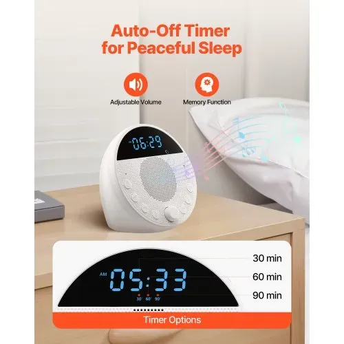 VEVOR Einschlafhilfe, White Noise Machine, 18 Musiktitel & 7-farbiges Nachtlicht, 5-in-1-Soundmaschine mit weißem Rauschen, 2 Alarmen, automatischer Abschaltfunktion & Speicherfunktion, Rauschgerät – Bild 4