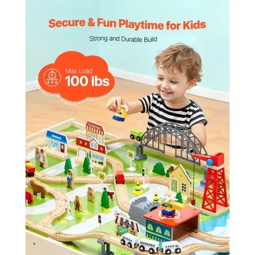 VEVOR Holz Aktivitätstisch, 120-teilig, mit zusammenklappbarem Aufbewahrungsbehälter, 3-in-1-Eisenbahn-Set zum Spielen, Malen, Lesen, Essen, kreatives Spielzeug-Set für Kinder ab 3 Jahren – Bild 3