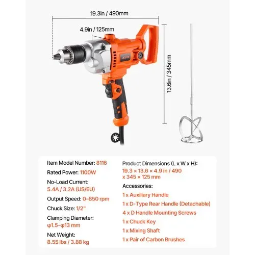 VEVOR elektrische Bohrmaschine 12,7 mm mit Mixer Bohrmaschinenmischer Set 850 U/min 3,2 A Mischbohrmaschine mit D-Griff zum Bohren & Mischen multifunktionale Bohrgerät mit Mischer für Futter Zement – Bild 6