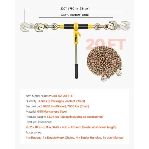 VEVOR Ratschenspanner mit Zurrketten G80 10 mm x 6,1 m, 4er-Set, Spannkraft 4173 kg, Transportkettenbefestigungen, Kettenbinder zur Ladungssicherung, Transport, Pritschenanhänger – Bild 6
