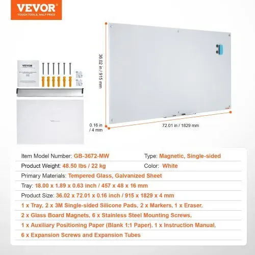VEVOR Magnetisches Glas-Whiteboard, Wandtafel Trocken Abwischbare Tafel 1829 x 915 cm, Wandmontiertes Weißes Glasboard ohne Rahmen, mit Stiftablage, einem Radiergummi& 2 Stiften, Magnettafel Weiß – Bild 5