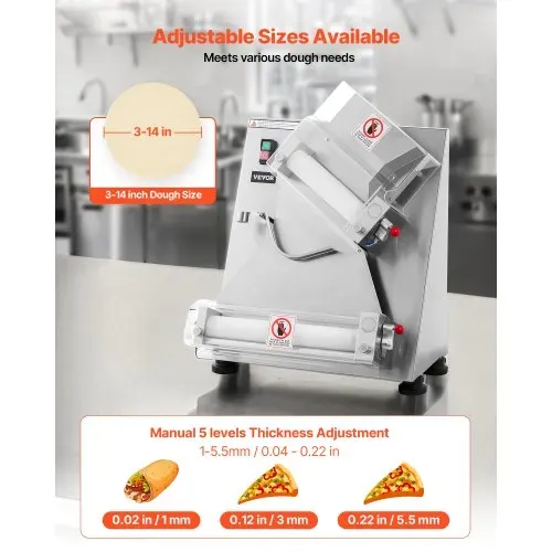 VEVOR elektrische Pizzateigpresse 355,6 mm Gebäck-Pressplatte, Brotpresse automatisch 370 W aus Edelstahl, kommerzieller Chapati Presse, Formmaschine mit einstellbarer Dicke, Teigstücke pro Stunde – Bild 2