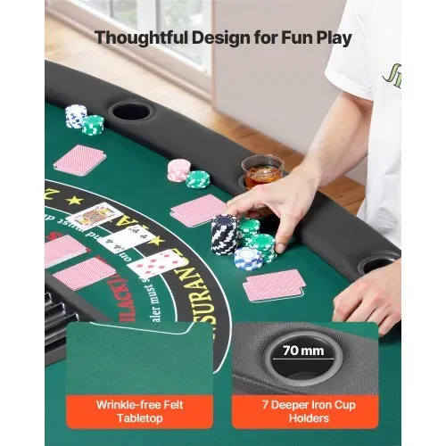 VEVOR klappbarer Pokertisch für 7 Spieler (183 cm) Kasino-Freizeittisch mit gepolsterten Schienen & Getränkehaltern, Halbovale tragbare Spieltische mit Filz- und Metallbeinen, Texas Hold’em Poker – Bild 4