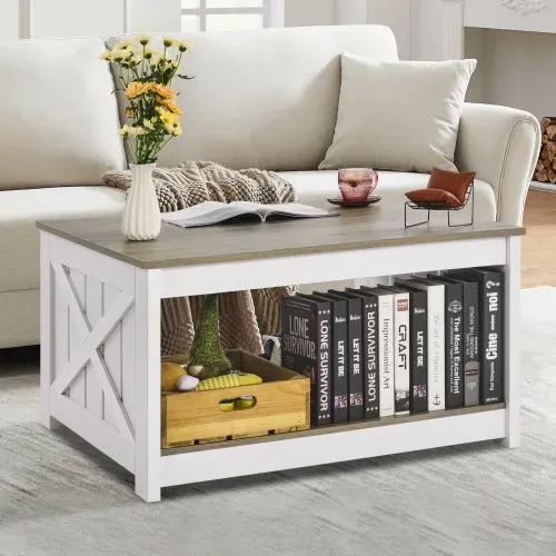 VEVOR Couchtisch Kaffeetisch im Farmhouse-Stil, quadratischer Couchtisch mit offenem Ablagefach, 81,7 kg belastbar rustikaler Cocktailtisch aus Holz für Wohnzimmer Schlafzimmer Studio (Grau + Weiß) – Bild 7