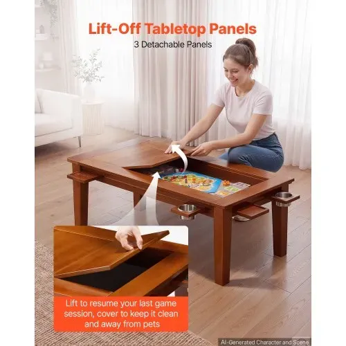 VEVOR Brettspieltisch 120x60x45cm 2-in-1 Spiel- & Esstisch 136kg Belastbar, Geräumig für 4 Spieler, Massivholz, mit Abnehmbaren Tischplatten Getränkehaltern Leder-Spielmatte & Ausziehbaren Tabletts – Bild 4