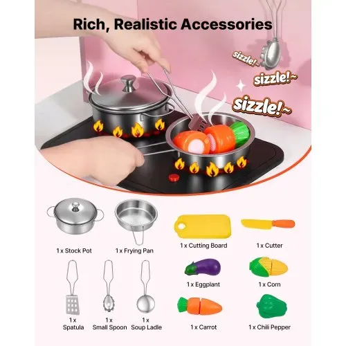 VEVOR Spielküche für Kinder, Kinderküche aus Holz mit Licht & Sound, Holzküche mit Herd Backofen Spüle Mikrowelle Eisspender & Getränkespender, Küchenspielzeug mit Kochset für Kinder ab 3 Jahren, Rosa – Bild 4
