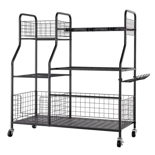VEVOR Gartengeräte Ständer 1050x435x1005mm Gerätehalter mit Rollen Schwarz, Aufbewahrungsregal für Garage Schuppen Garten, Stahl-Organizer für Besen, mit 3 Ablagefächern Haken & Doppelschichtschlitzen – Bild 9
