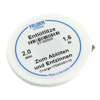 Entlötlitze FELDER, 2,0mm, mit halogenfreiem Flussmittel getränkte Kupferlitze, 1,60m Spule Entlötlitze FELDER, 2,0mm, mit halogenfreiem Flussmittel getränkte Kupferlitze, 1,60m Spule
