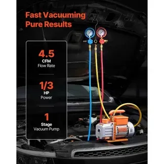 VEVOR Vakuumpumpe mit Manometer, 4,5 CFM 127 L/min, 250 W 1-stufige Drehschieber-Unterdruckpumpe, Manometer-Set, für R134a, R22, R410a, R1234YF & R32, mit Tragetasche, für Kfz-Klimaanlagen VEVOR Vakuumpumpe mit Manometer, 4,5 CFM 127 L/min, 250 W 1-stufige Drehschieber-Unterdruckpumpe, Manometer-Set, für R134a, R22, R410a, R1234YF & R32, mit Tragetasche, für Kfz-Klimaanlagen