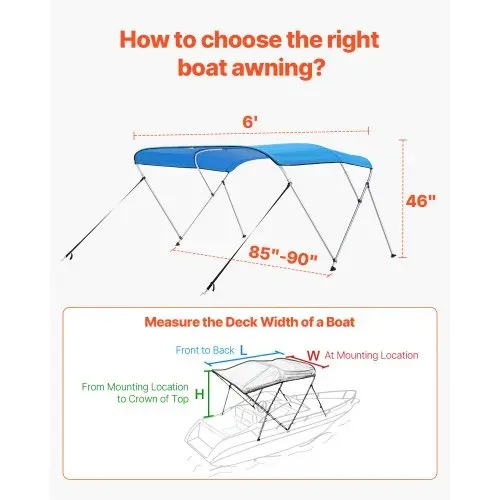 VEVOR Bimini Top Bootsabdeckung Sonnenverdeck (3 Bögen) aus 600D Polyester mit Rahmen aus Aluminiumlegierung, wasserdichte Sonnenschutz-Bootsmarkise mit Aufbewahrungstasche, 216-229 cm (B) Blau – Bild 4