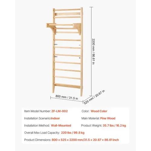 VEVOR schwedisches Leiterwand 10-stufiges Indoor-Klettergerüst aus Massivholz, 100 kg belastbare Indoor-Spielplatz-Kletterleiter Turnreck mit Klimmzugstange – Ideales Geschenk für Kinder – Bild 6