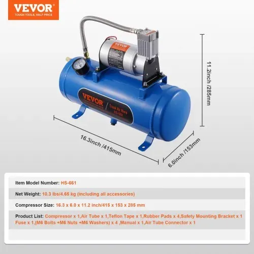 VEVOR 12-V-Luftkompressor mit Tank 6 L, Zughorn-Luftkompressor-Satz, 90-120 psi Arbeitsdruck, Integriertes Luftkompressorsystem für Zug-Lufthupen, Aufpumpen von Reifen, LKWs, SUVs usw. Blau – Bild 6