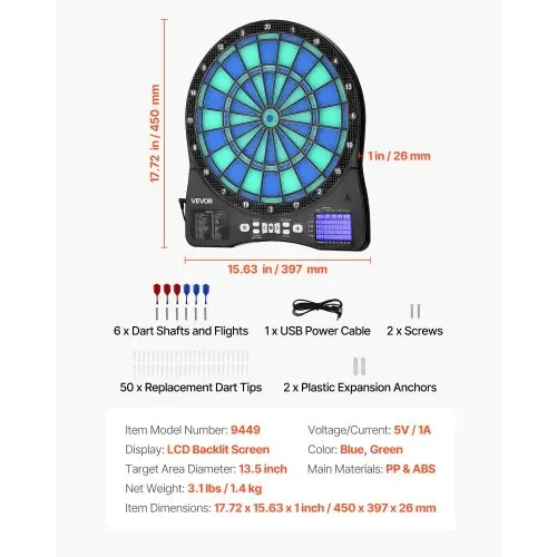 VEVOR Elektronische Dartscheibe, E-Dartboard mit LED-Beleuchtung, 48 Spielen & 500 Variationen, inkl. 6 Dartschäften mit Flights & 50 Ersatz-Pfeilspitzen, LCD mit Cricket-Punktestand, für 8 Spieler – Bild 6
