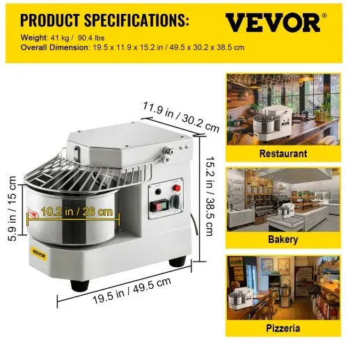 VEVOR Teigknetmaschine Küchenmaschine, 8 L Edelstahl Teigmixer, 450 W, einstellbar (130/233/414 U/min), inkl. Edelstahlschüssel, Sicherheitsschild, Timer, ideal für Bäckereien, Restaurants, Pizzeria – Bild 6