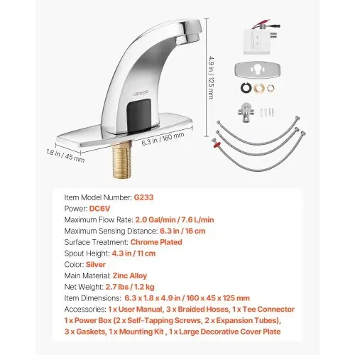 VEVOR berührungsloser Waschtischhahn (verchromtes Silber) Badezimmer, automatische Waschtischarmatur, Sensorhahn mit Lochabdeckung, batteriebetriebener Wasserhahn Toilettenhahn Waschbeckenarmatur – Bild 6