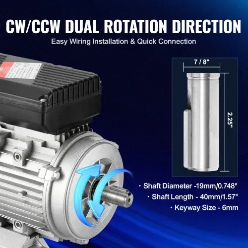 VEVOR 0,75 kW Elektromotor 1400 U/min, AC 220~240 V 5,45 A, 80, B3-Rahmen, Luftkompressormotor einphasig, 19 mm Keilwelle, Rechts-/Linkslauf für landwirtschaftliche Maschinen und allgemeine Geräte – Bild 3
