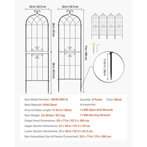 VEVOR Rankgitter, 180x52,5 cm 6er-Pack, Metall Rankhilfe mit Pulverbeschichteter Oberfläche & Verriegelungsmechanismus, Kletterhilfe, Garten Spalier, Pflanzengitter für Blumen, Gemüse & Rosen – Bild 6